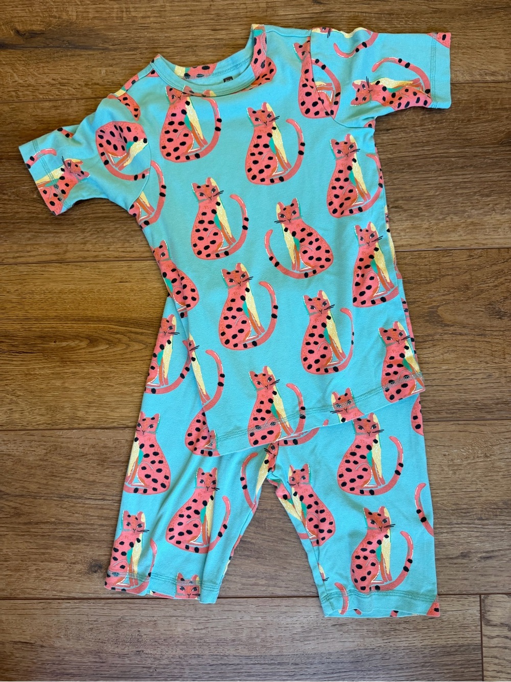 Tea Collection Aqua and Coral Cat-Print Pajama Set